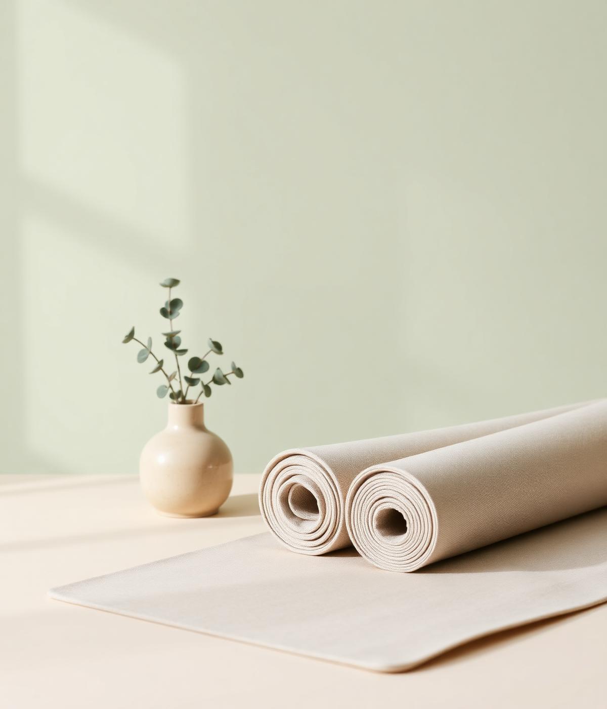 Linen Pilates mats and a small ceramic vase with eucalyptus